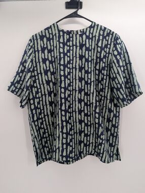 Doncaster 100% Silk Abstract Print Blouse 8 Eclectic Maximalist Navy Green Boho